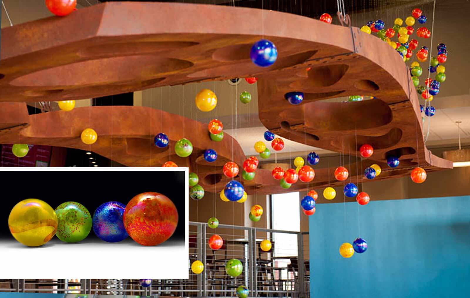 Glass spheres used in Transitions suspended sculpture, texas tech at lubbock